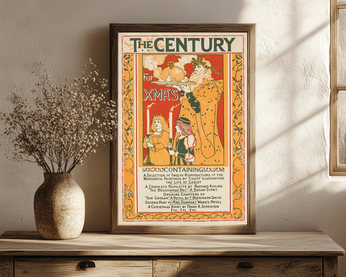 Framed art print of The Century for Xmas by Louis Rhead, in a dark wood frame leaning on a rustic console beside dried flowers