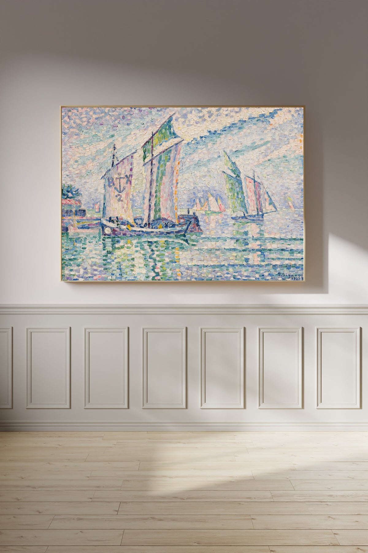 Framed art print of The Channel at La Rochelle by Paul Signac, on a panelled wall in afternoon light