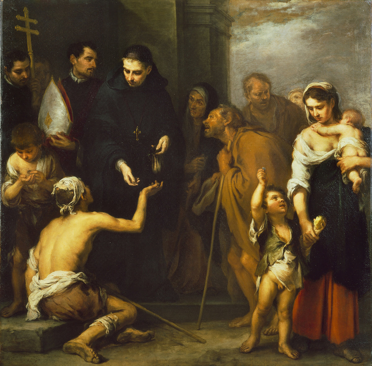 The Charity of Saint Thomas of Villanueva by Bartolomé Esteban Murillo — A monk drops coins into a beggar's hand as the poor crowd around