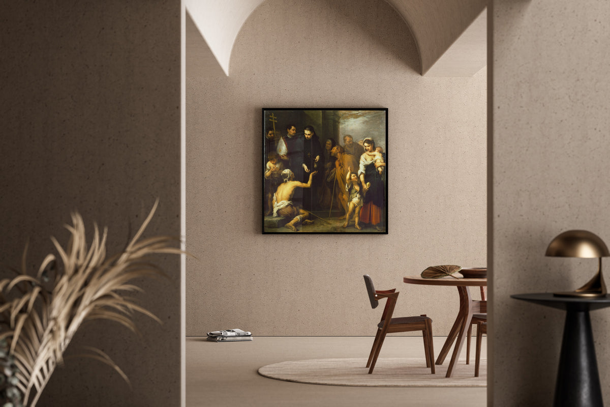 Framed art print of The Charity of Saint Thomas of Villanueva by Bartolomé Esteban Murillo, in a sunlit dining corner