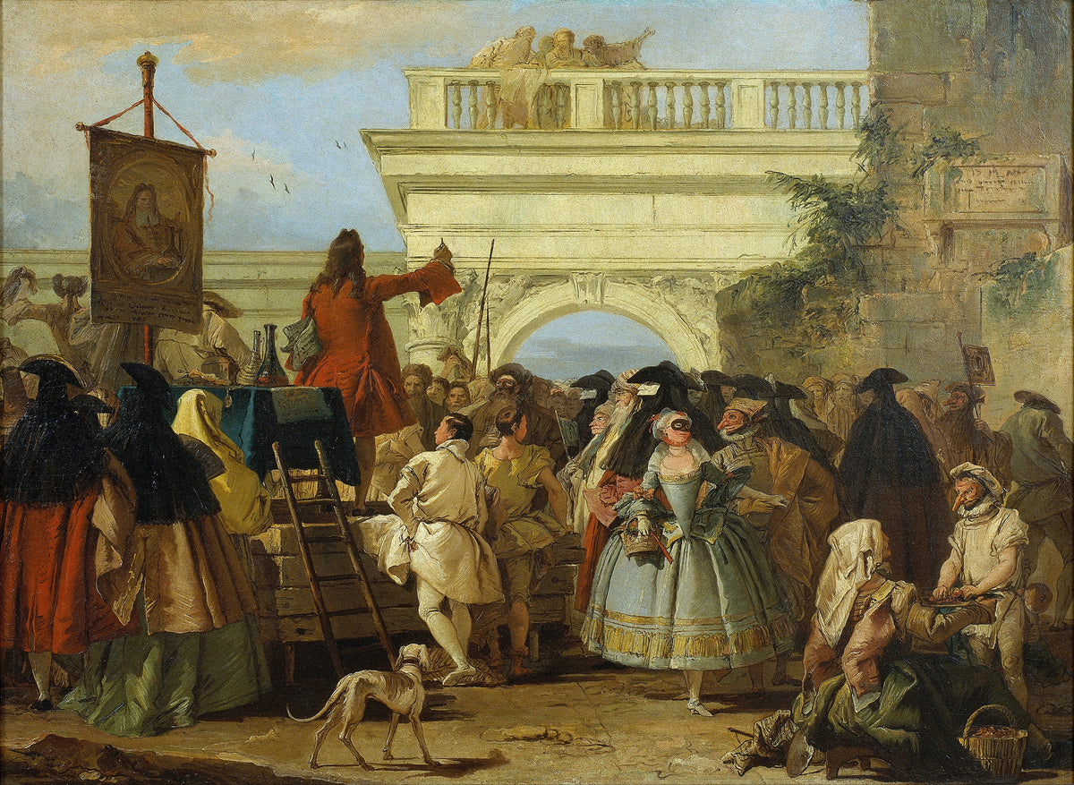 The Charlatan by Giovanni Domenico Tiepolo — A quack in a red coat harangues a masked Venetian crowd