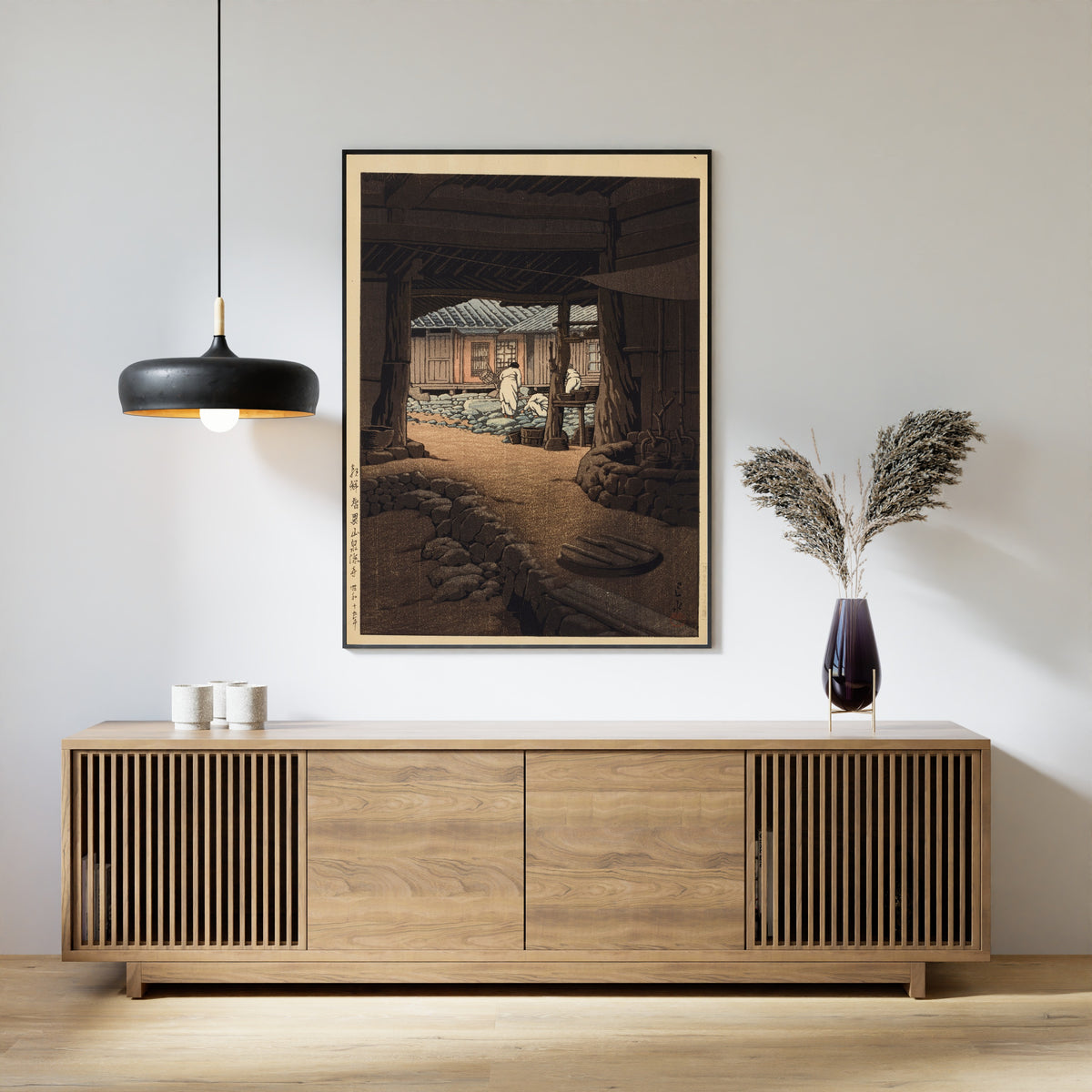 Framed art print of The Cheoneunsa Temple, Mount Jirisan, Korea by Kawase Hasui, above a slatted wood sideboard