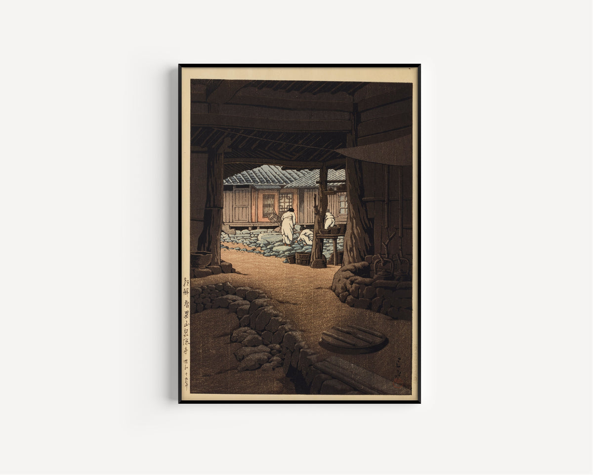 Framed art print of The Cheoneunsa Temple, Mount Jirisan, Korea by Kawase Hasui, in a slim black frame on a plain white wall
