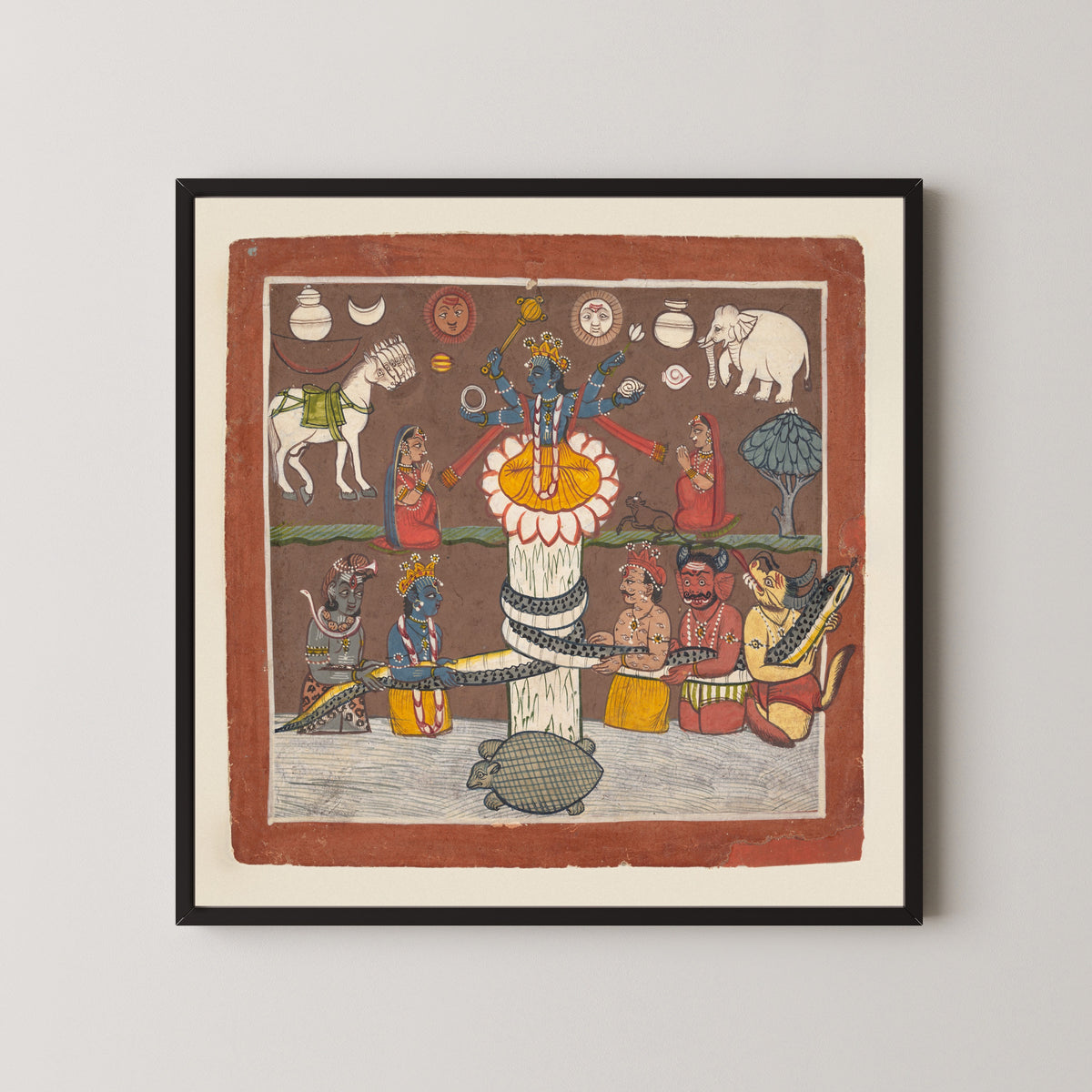 Mandi school — The Churning of the Ocean of Milk | Indian Miniature Painting Print