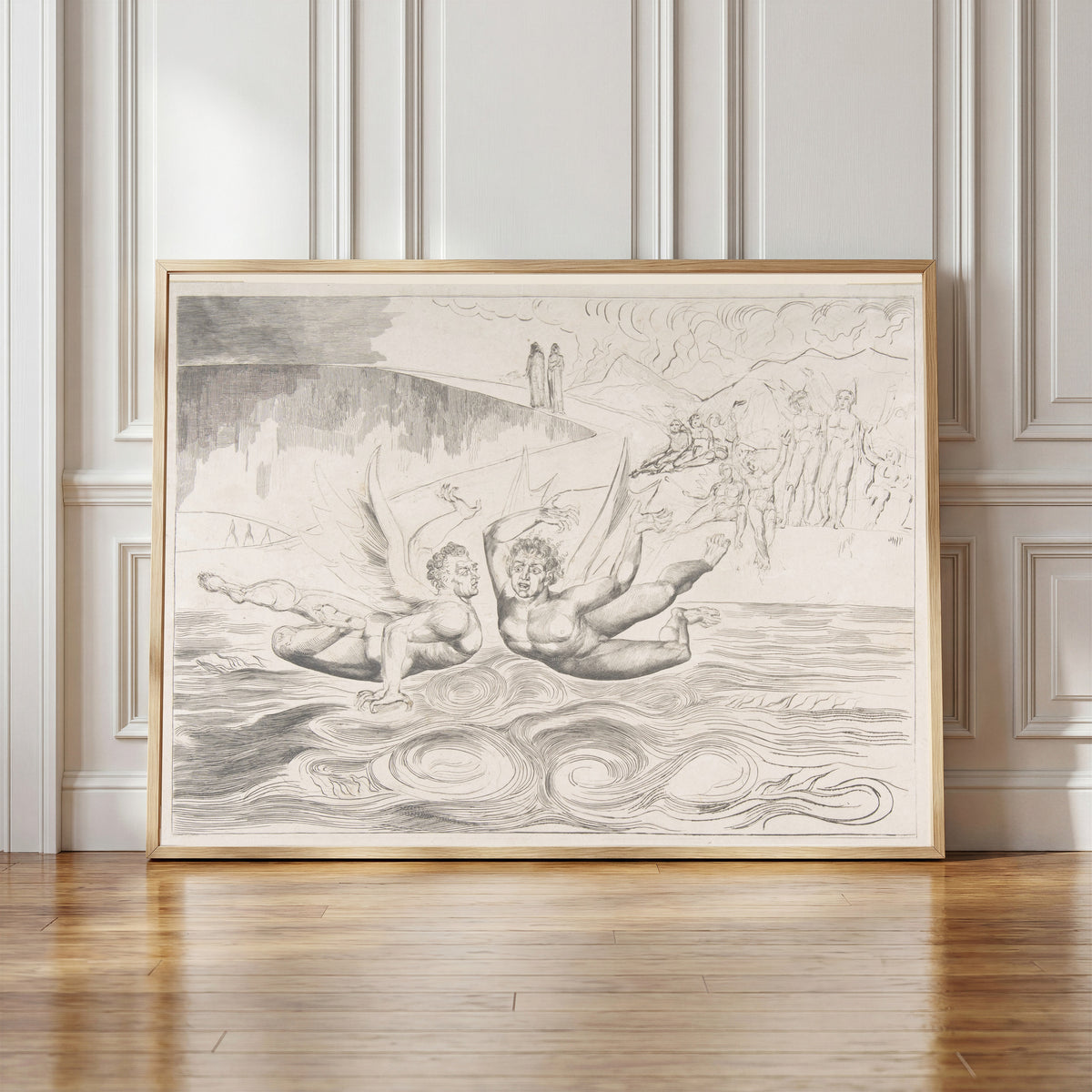 Framed art print of The Circle of Corrupt Officials: The Devils Mauling Each Other by William Blake, in a light wood frame leaning against a panelled white wall