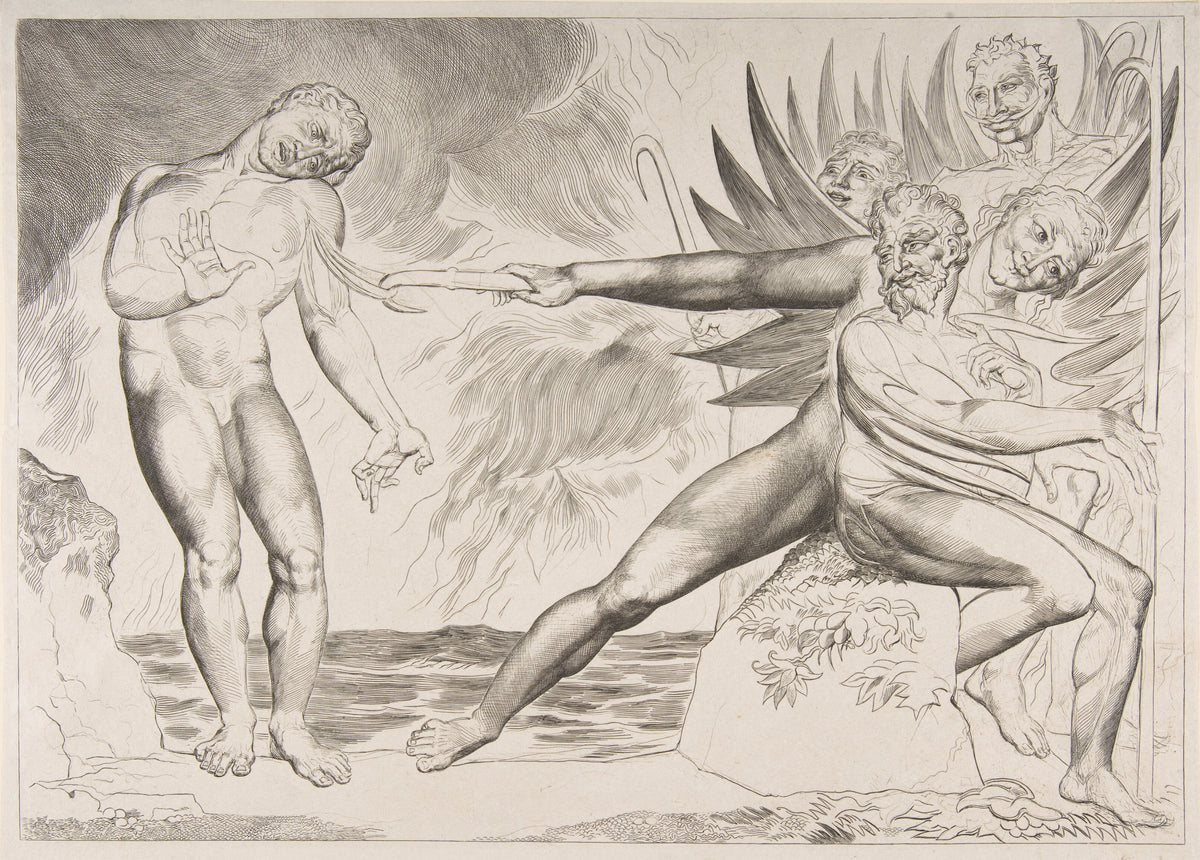 The Circle of Corrupt Officials: The Devils Tormenting Ciampolo by William Blake — A lunging devil hooks a shrinking sinner beside a burning sea