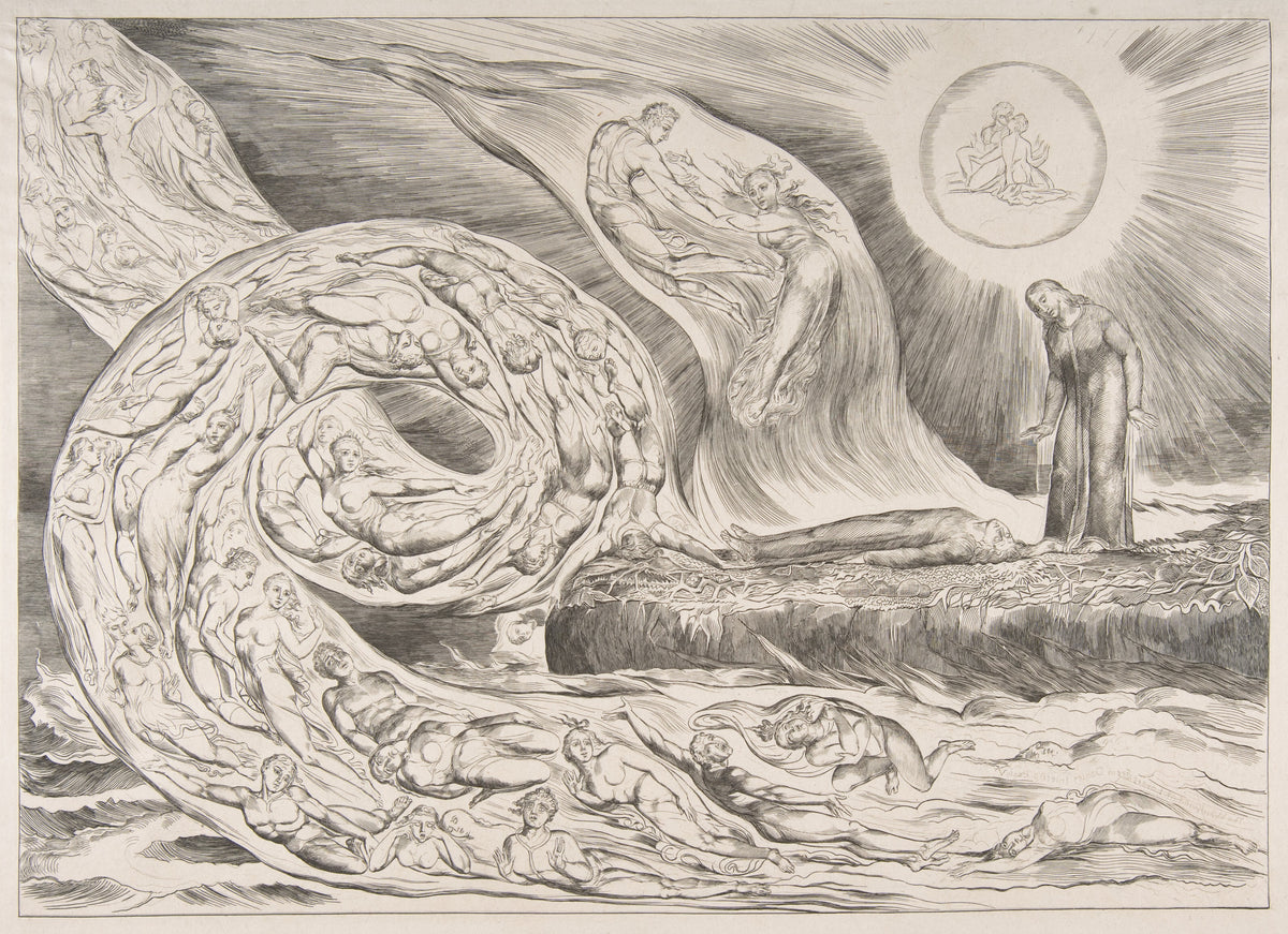 The Circle of the Lustful: Paolo and Francesca by William Blake — A whirlwind of lovers spirals over the sea as a poet lies fallen