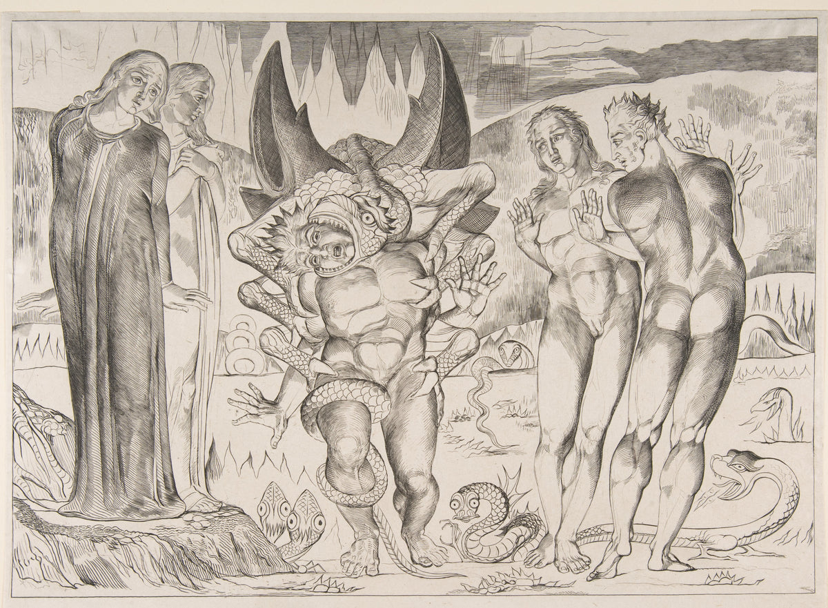 The Circle of the Thieves: Agnello Brunelleschi Attacked by a Six-Footed Serpent by William Blake — A six-footed serpent wraps a thief as two robed figures