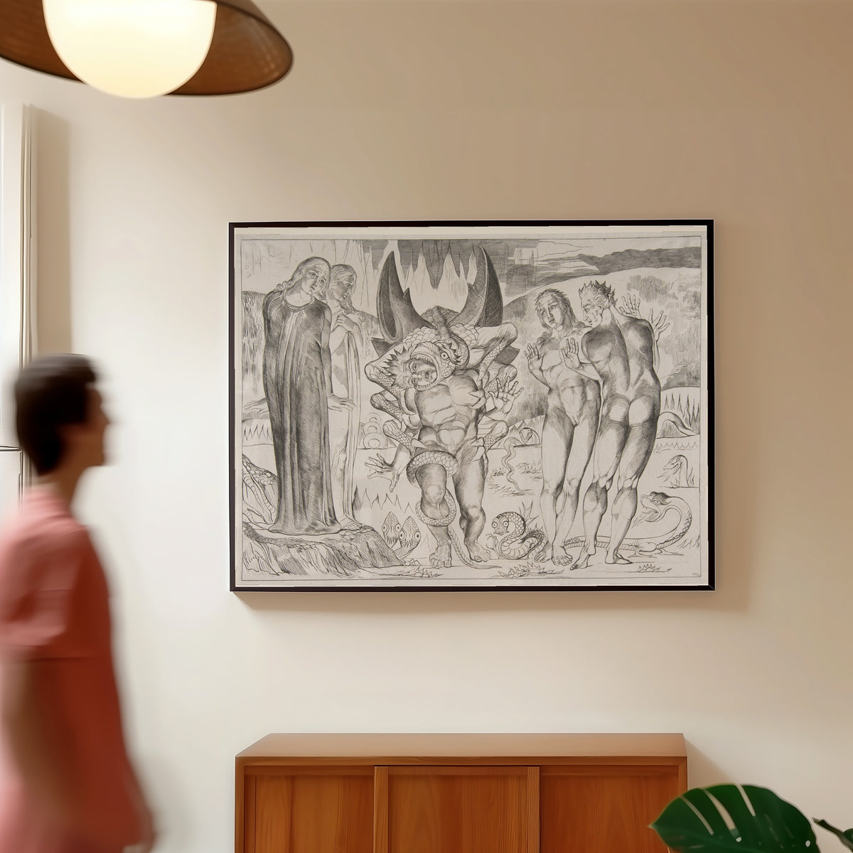 Framed art print of The Circle of the Thieves: Agnello Brunelleschi Attacked by a… by William Blake, in a slim black frame on a warm wall in a sunlit room