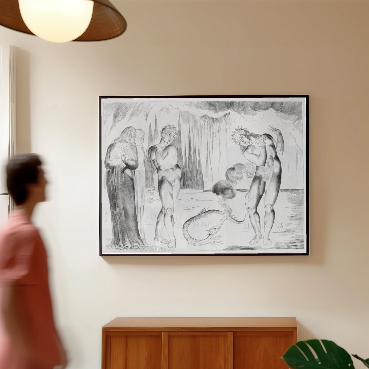 Framed art print of The Circle of the Thieves: Buoso Donati Attacked by the Serpent by William Blake, in a slim black frame on a warm wall in a sunlit room