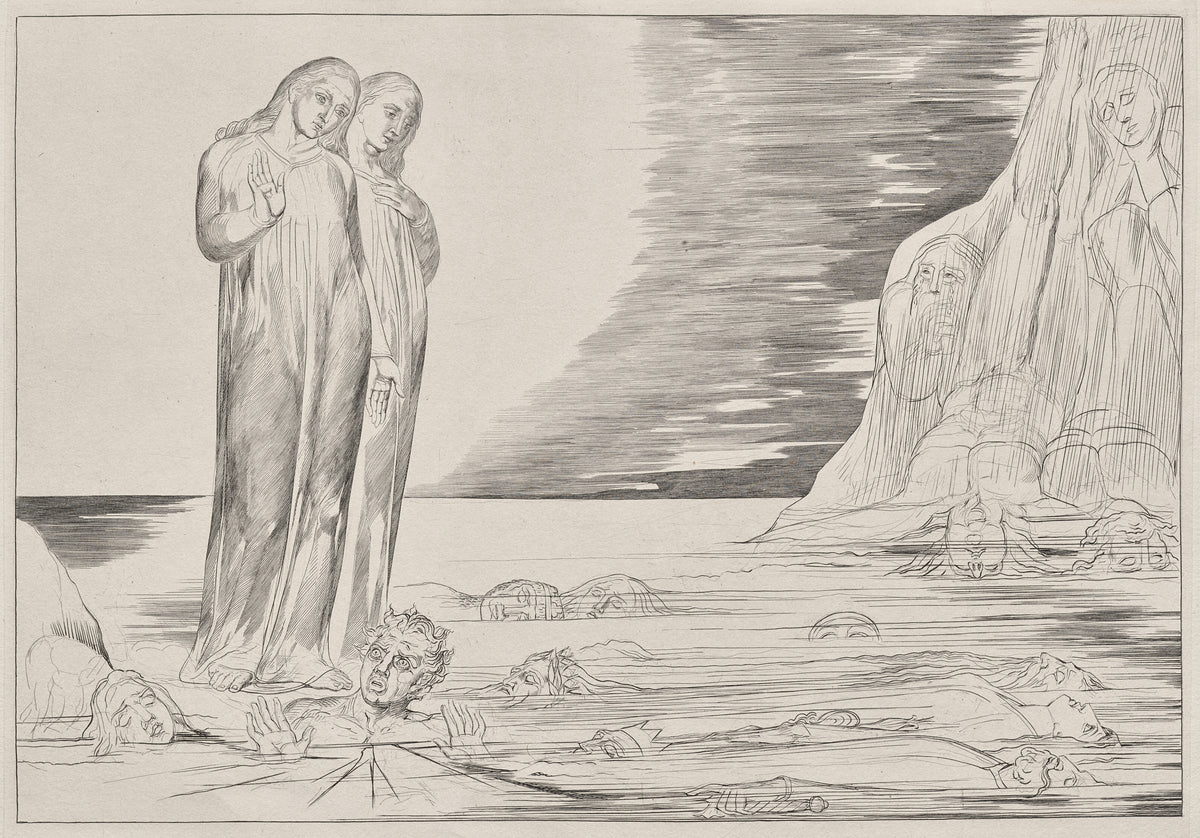 The Circle of the Traitors: Dante's Foot Striking Bocca degli Abati by William Blake — Dante and his guide stand on a frozen lake of heads