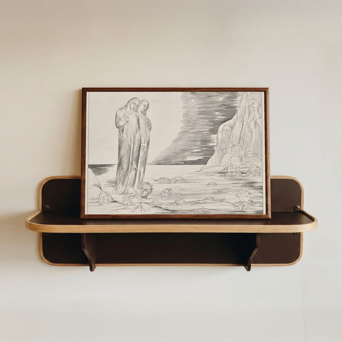 Framed art print of The Circle of the Traitors: Dante's Foot Striking Bocca degli Abati by William Blake, in a dark wood frame resting on a wall shelf