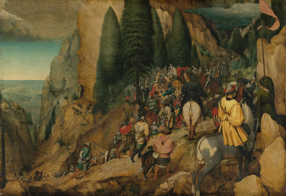 The Conversion of Paul by Pieter Bruegel the Elder — An army winds through a mountain pass of golden crags