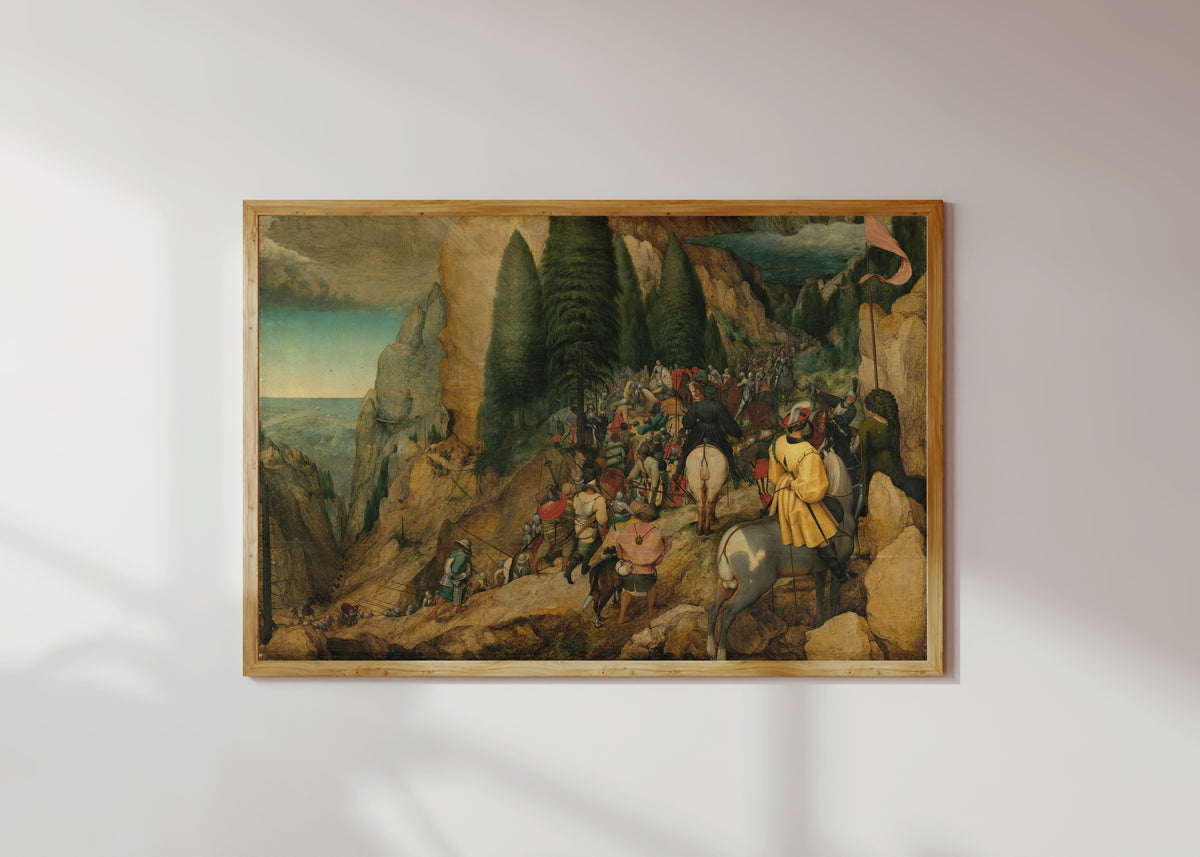 Framed art print of The Conversion of Paul by Pieter Bruegel the Elder, in a light wood frame on a sunlit white wall