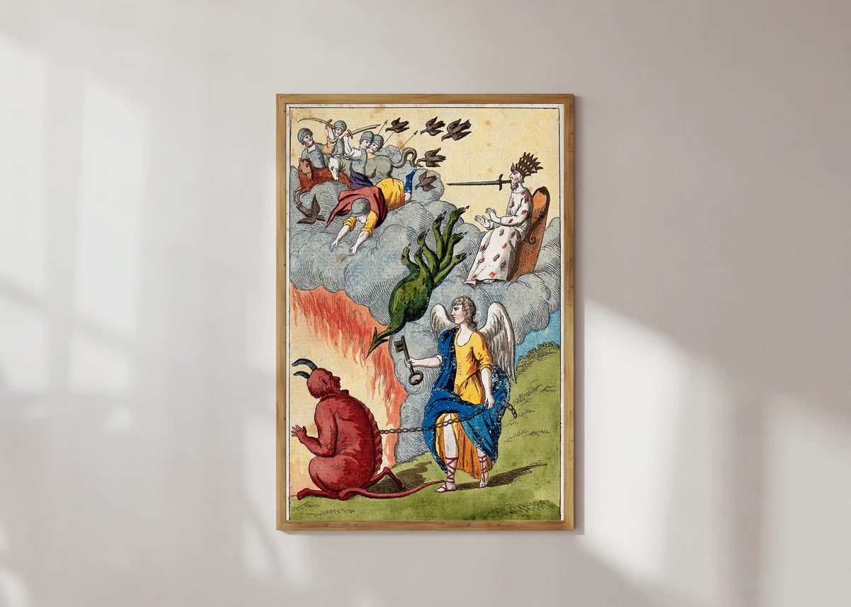 Framed art print of The Crowned King, the Seven-Headed Hydra and the Chained Lucifer by After Nicolas Flamel, in a light wood frame on a sunlit white wall