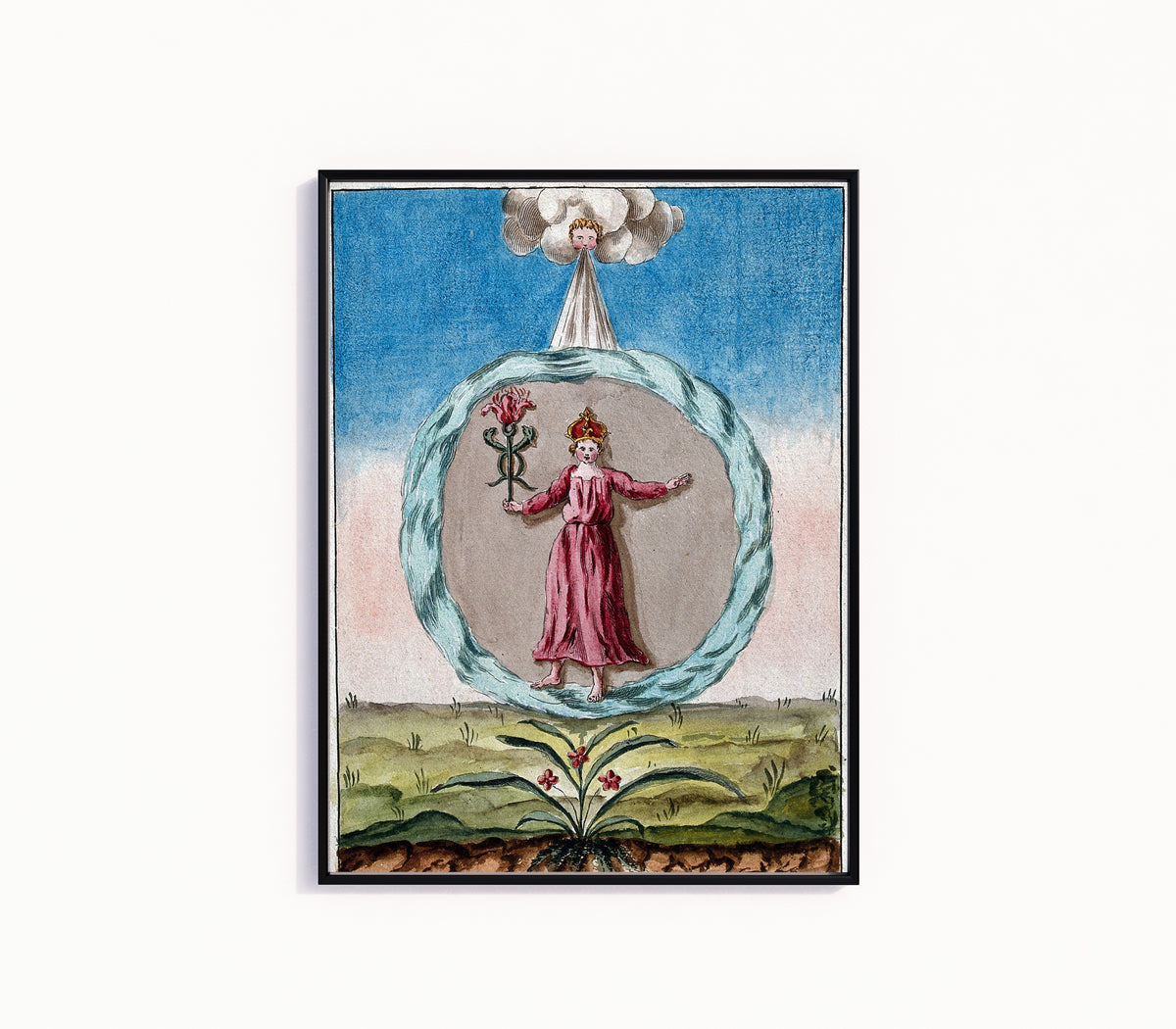 Framed art print of The Crowned Woman in Red within a Circle of Water by After Nicolas Flamel, in a slim black frame on a plain white wall