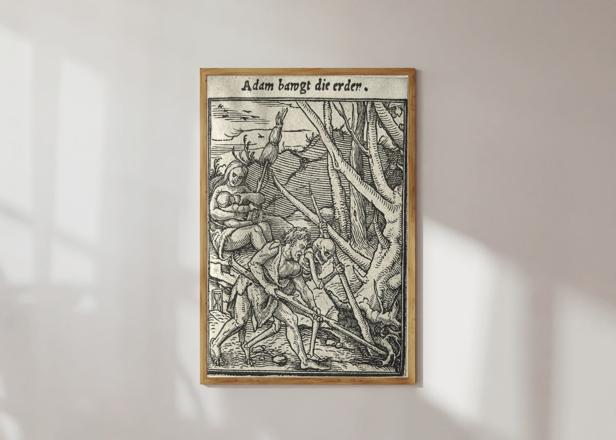 Framed art print of The Dance of Death: Adam bawgt die erden (Adam Tilling the Ground) by Hans Holbein the Younger, in a light wood frame on a sunlit white wall