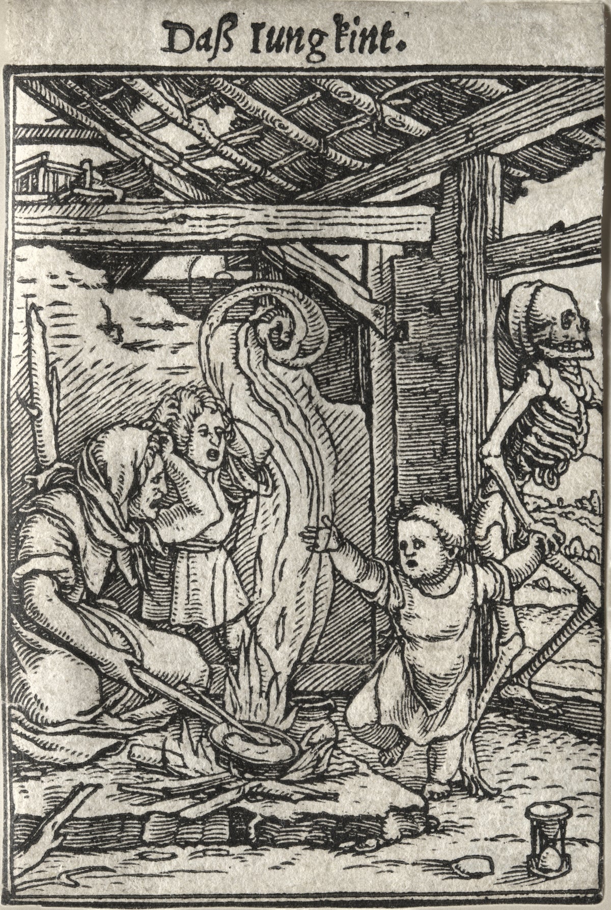 The Dance of Death: Daß Iung kint (The Child) by Hans Holbein the Younger — A skeleton leads a small child away from a cottage hearth