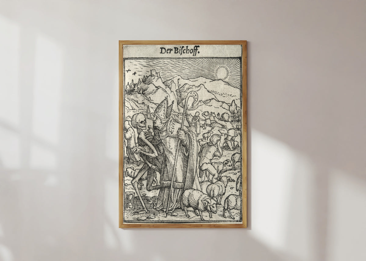 Framed art print of The Dance of Death: Der Bischoff (The Bishop) by Hans Holbein the Younger, in a light wood frame on a sunlit white wall