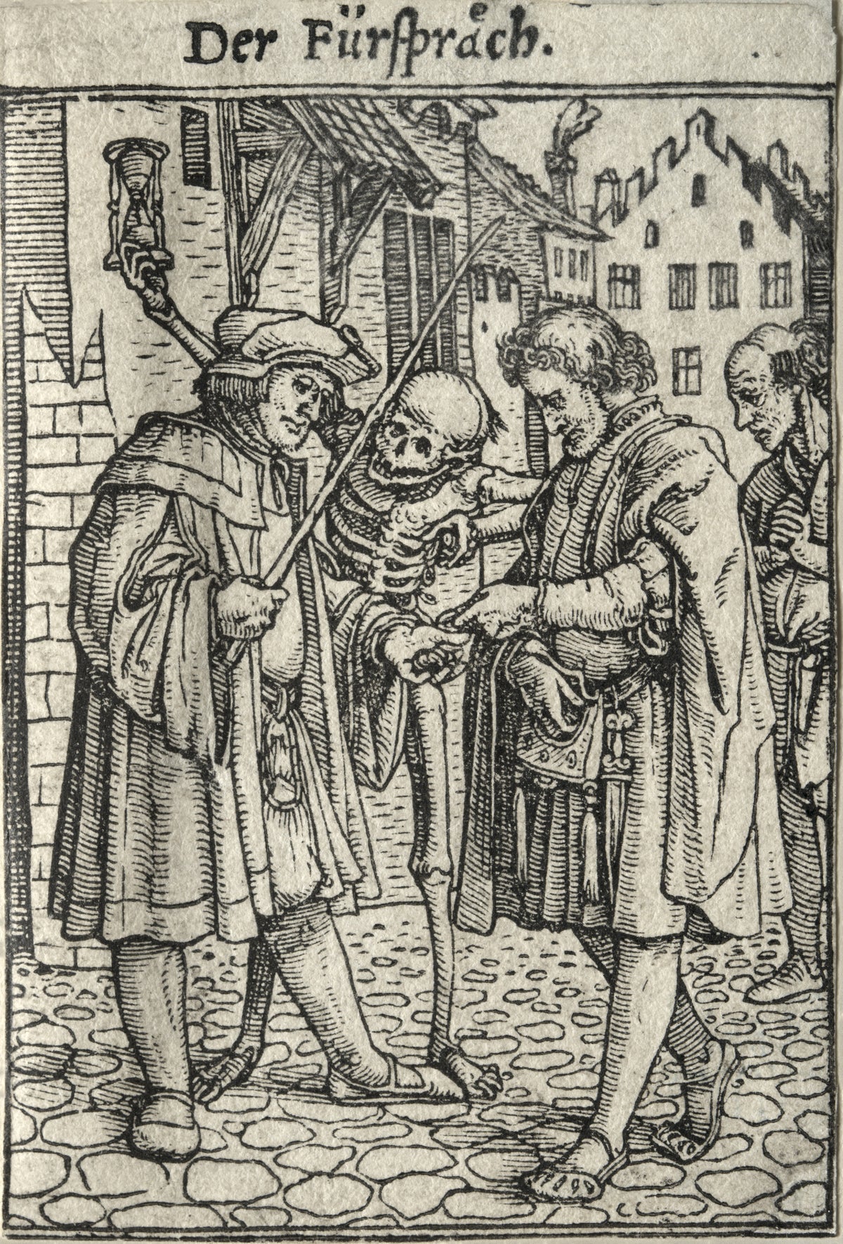 The Dance of Death: Der Fürspräch (The Advocate) by Hans Holbein the Younger — A skeleton watches as coins change hands between two townsmen