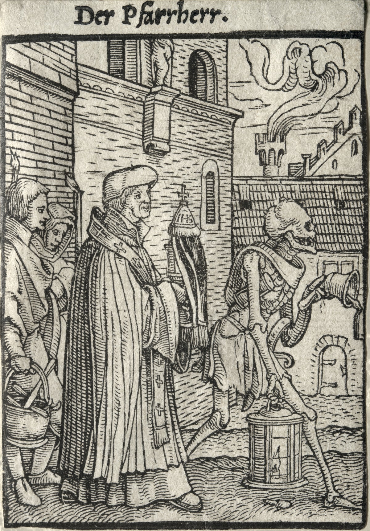The Dance of Death: Der Pfarrherr (The Pastor) by Hans Holbein the Younger — A skeleton with a lantern and bell walks ahead of a priest