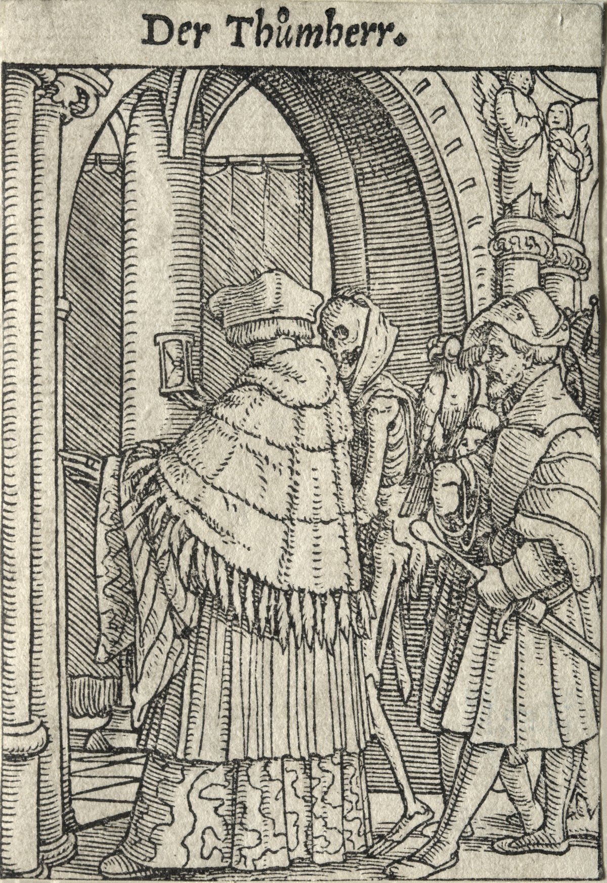 The Dance of Death: Der Thůmherr (The Canon) by Hans Holbein the Younger — A hooded skeleton holds an hourglass before a canon at a church door