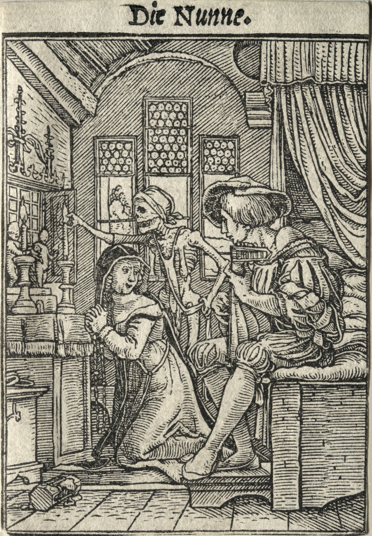 The Dance of Death: Die Nunne (The Nun) by Hans Holbein the Younger — A skeleton snuffs an altar candle as a nun turns to a lute player