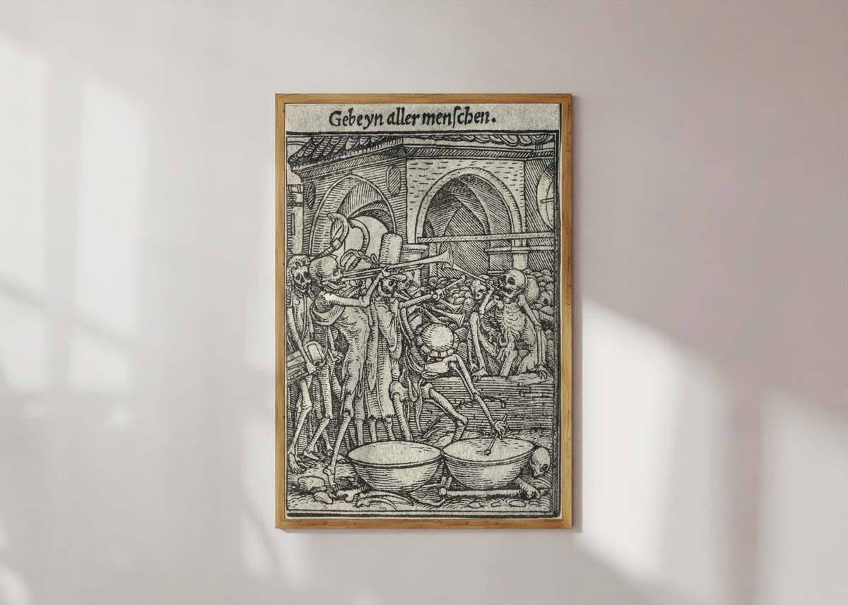 Framed art print of The Dance of Death: Gebeyn aller menschen (The Trumpeters of… by Hans Holbein the Younger, in a light wood frame on a sunlit white wall