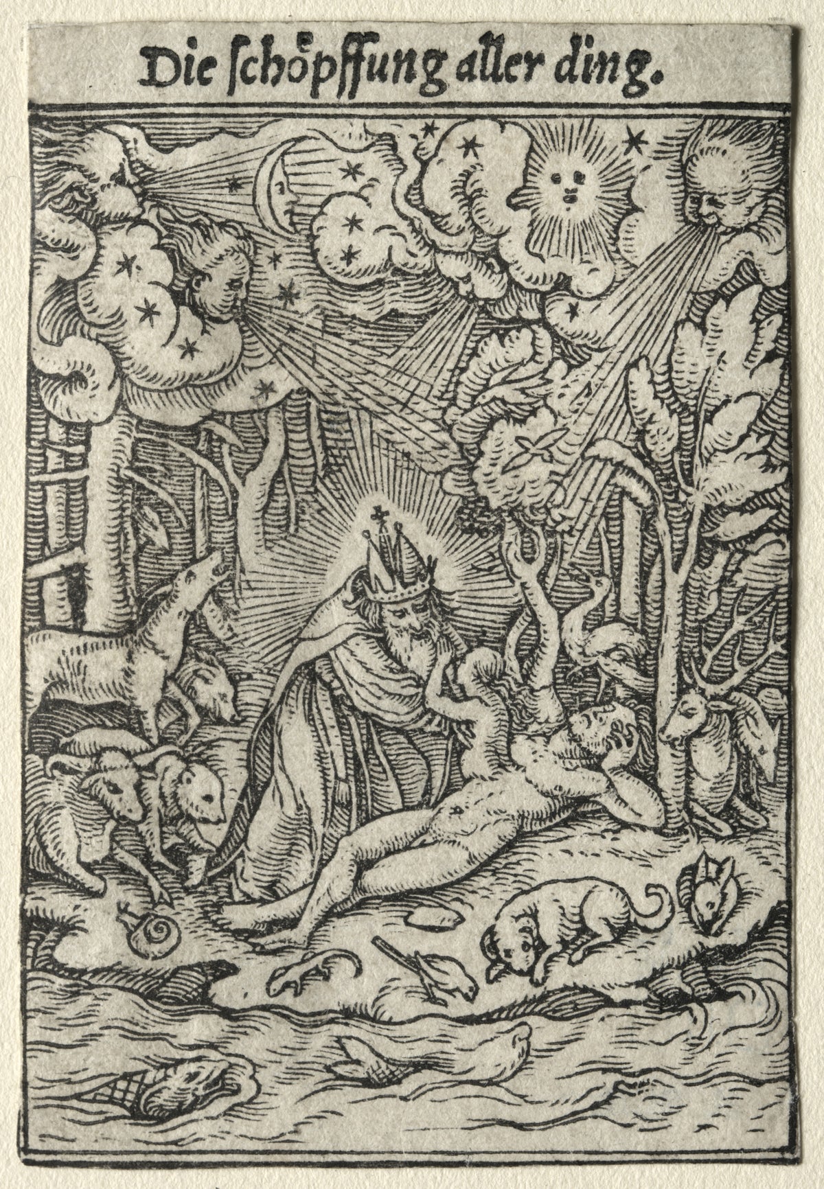 The Dance of Death: The Creation by Hans Holbein the Younger — God draws Eve from the side of the sleeping Adam among animals