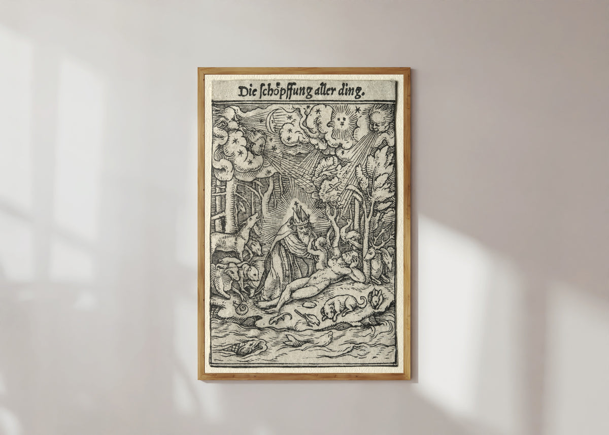 Framed art print of The Dance of Death: The Creation by Hans Holbein the Younger, in a light wood frame on a sunlit white wall