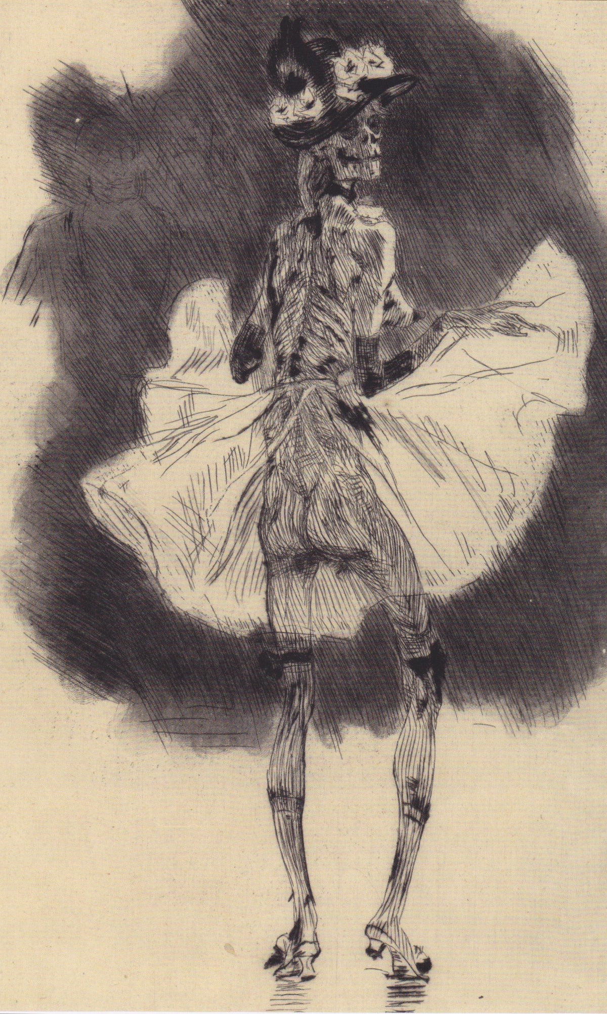 The Dance of Death by Félicien Rops — A skeleton in a flowered hat lifts its skirt to dance