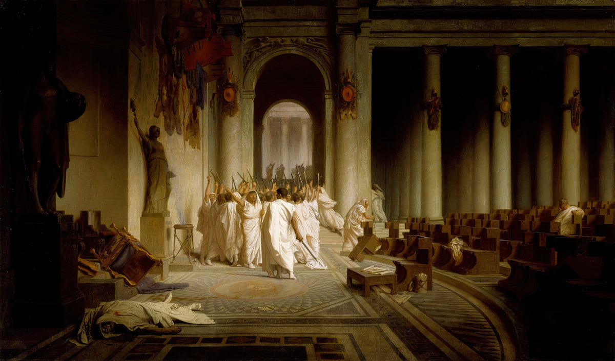 The Death of Caesar by Jean-Léon Gérôme — Senators lift their daggers and leave the fallen body behind