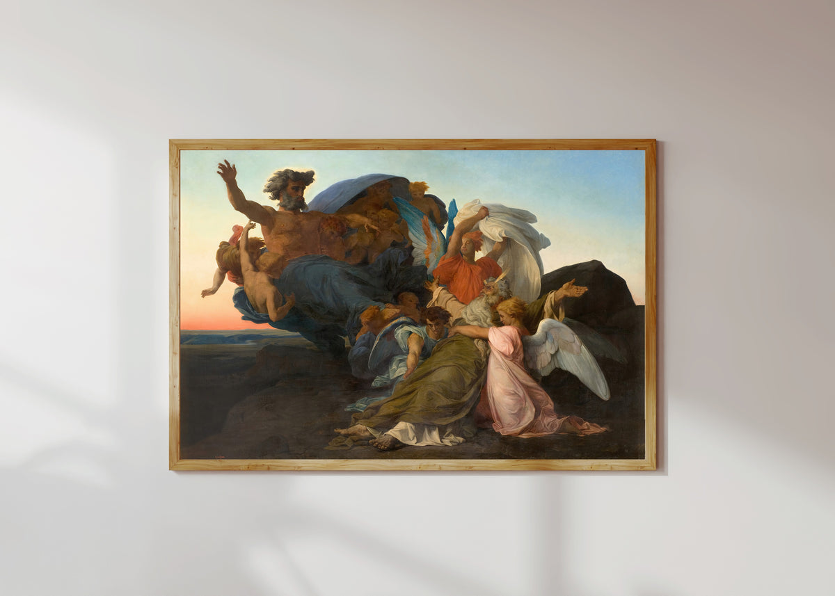 Framed art print of The Death of Moses by Alexandre Cabanel, in a light wood frame on a sunlit white wall