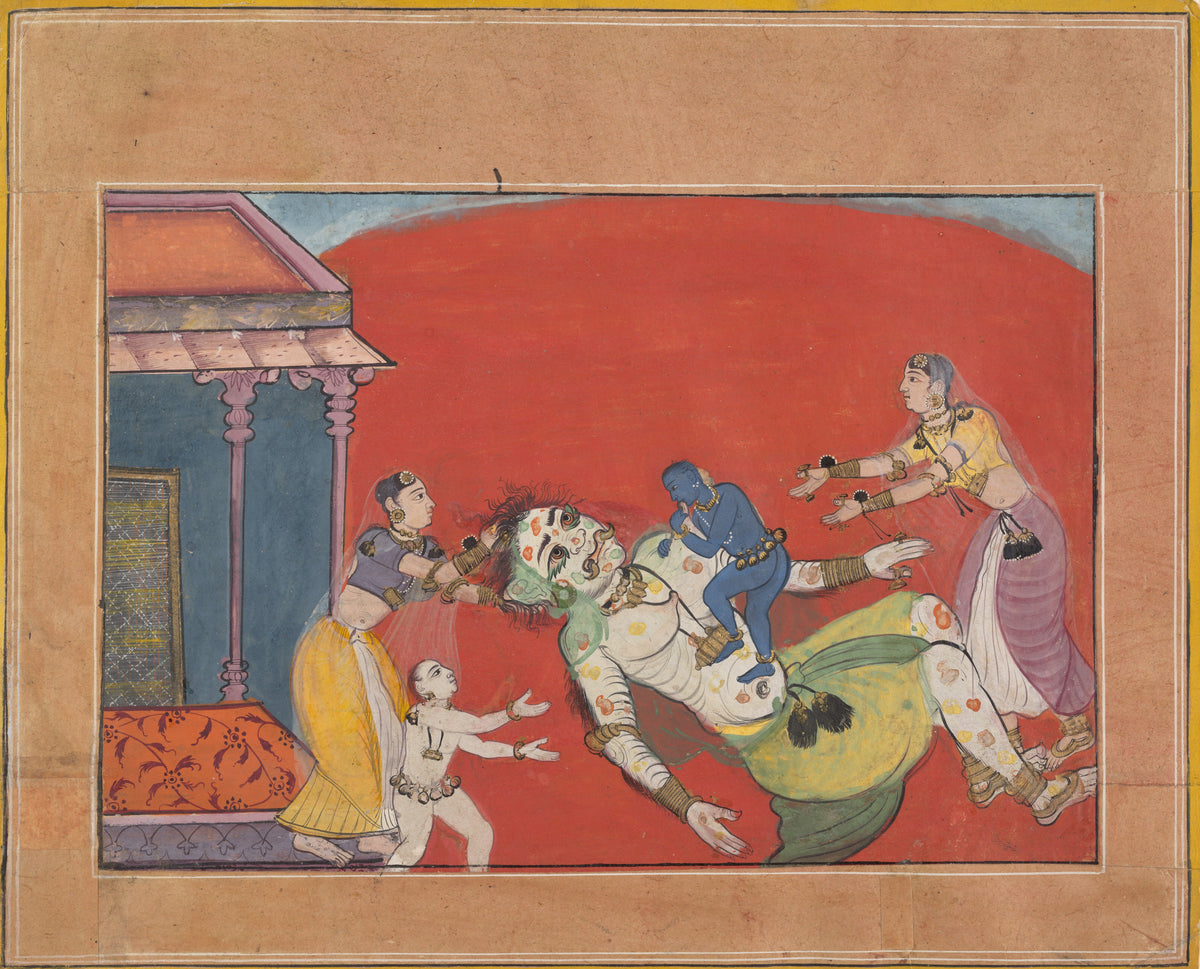 The Death of the Demoness Putana: Folio from a Bhagavata Purana Series by Bikaner school — A blue child sits on a fallen spotted giantess as women reach out