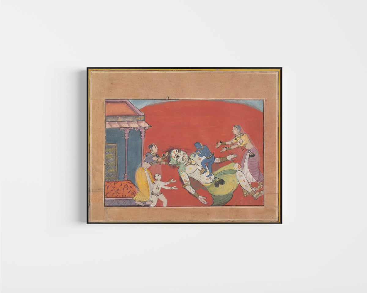 Framed art print of The Death of the Demoness Putana: Folio from a Bhagavata Purana Series by Bikaner school, in a slim black frame on a plain white wall