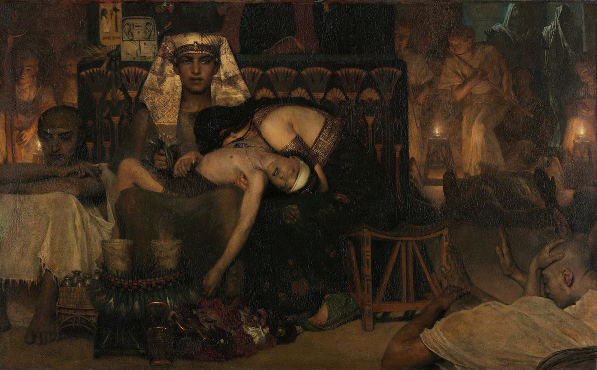 The Death of the Pharaoh's Firstborn Son by Lawrence Alma-Tadema — A grieving pharaoh sits in lamplight with his son across his lap