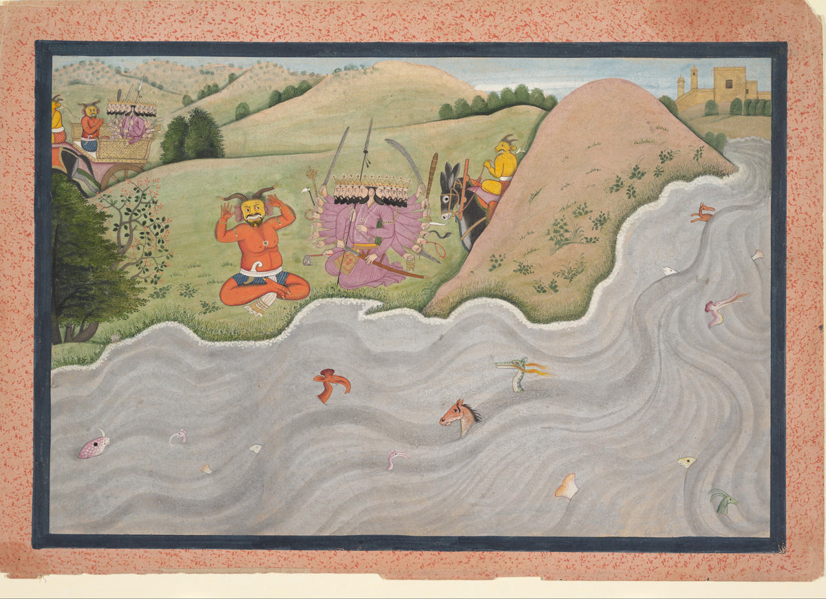 The Demon Marichi Tries to Dissuade Ravana by Kangra school — A many-headed king faces a demon beside a river of sea creatures