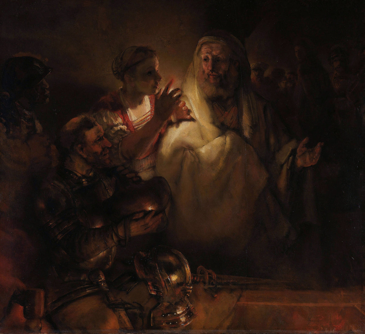 The Denial of St Peter by Rembrandt van Rijn — A maidservant's shaded light falls on a startled old man in white