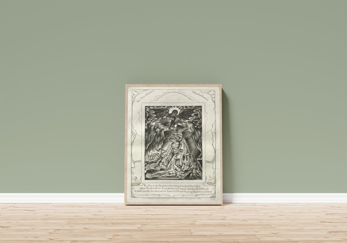 Framed art print of The Destruction of Job's Sons (Book of Job… by William Blake, in a light wood frame leaning on a sage green wall above a wooden floor