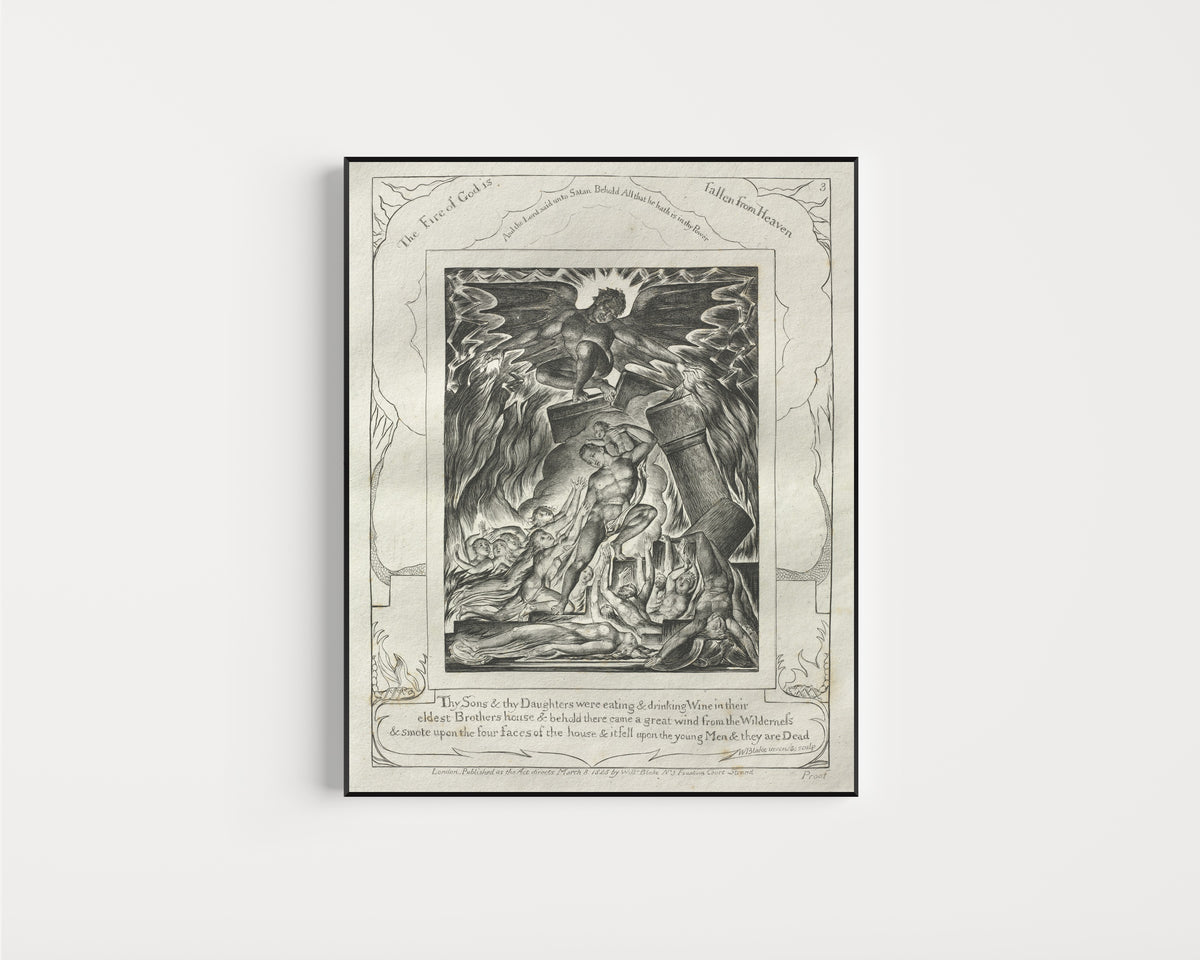 Framed art print of The Destruction of Job's Sons (Book of Job, Plate 3) by William Blake, in a slim black frame on a plain white wall