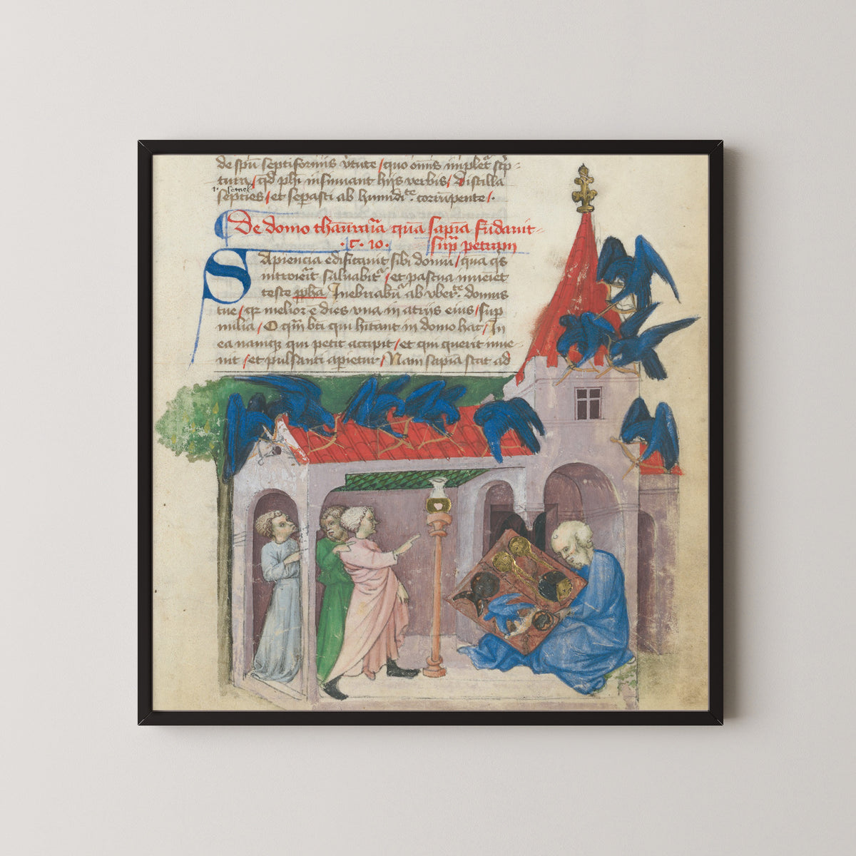 Framed art print of The Discovery of the Emerald Tablet (Aurora Consurgens, f. 3r) by Unknown artist, in a black frame on a pale wall