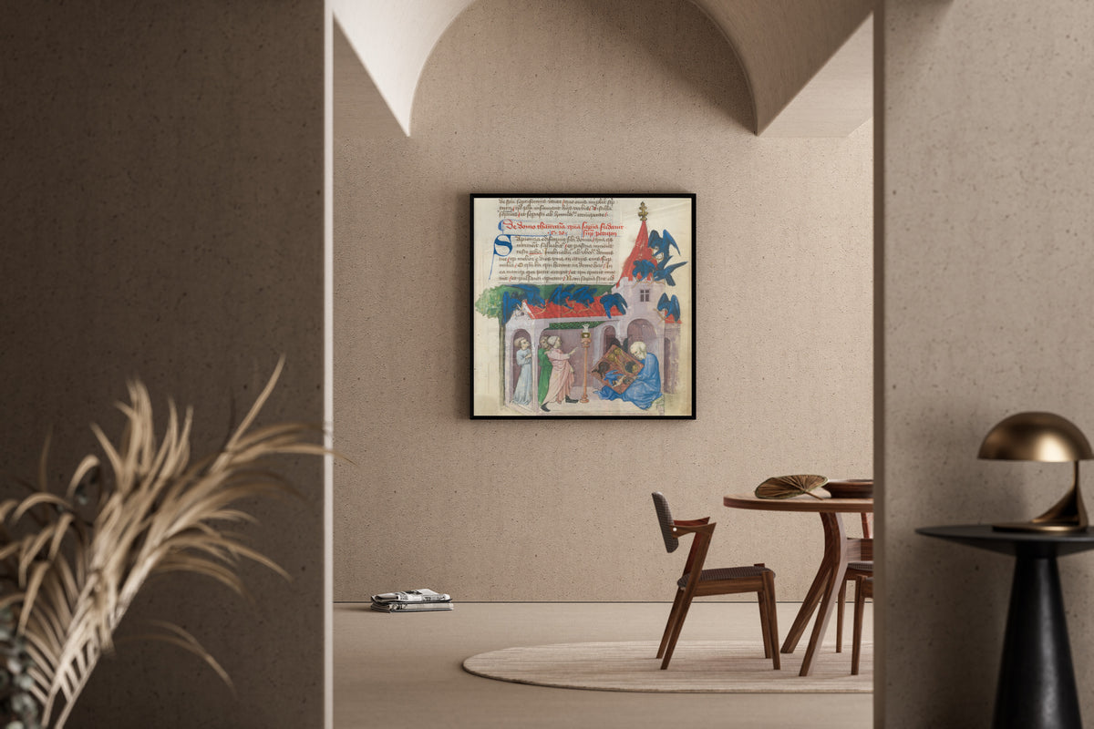 Framed art print of The Discovery of the Emerald Tablet (Aurora Consurgens, f. 3r) by Unknown artist, in a sunlit dining corner