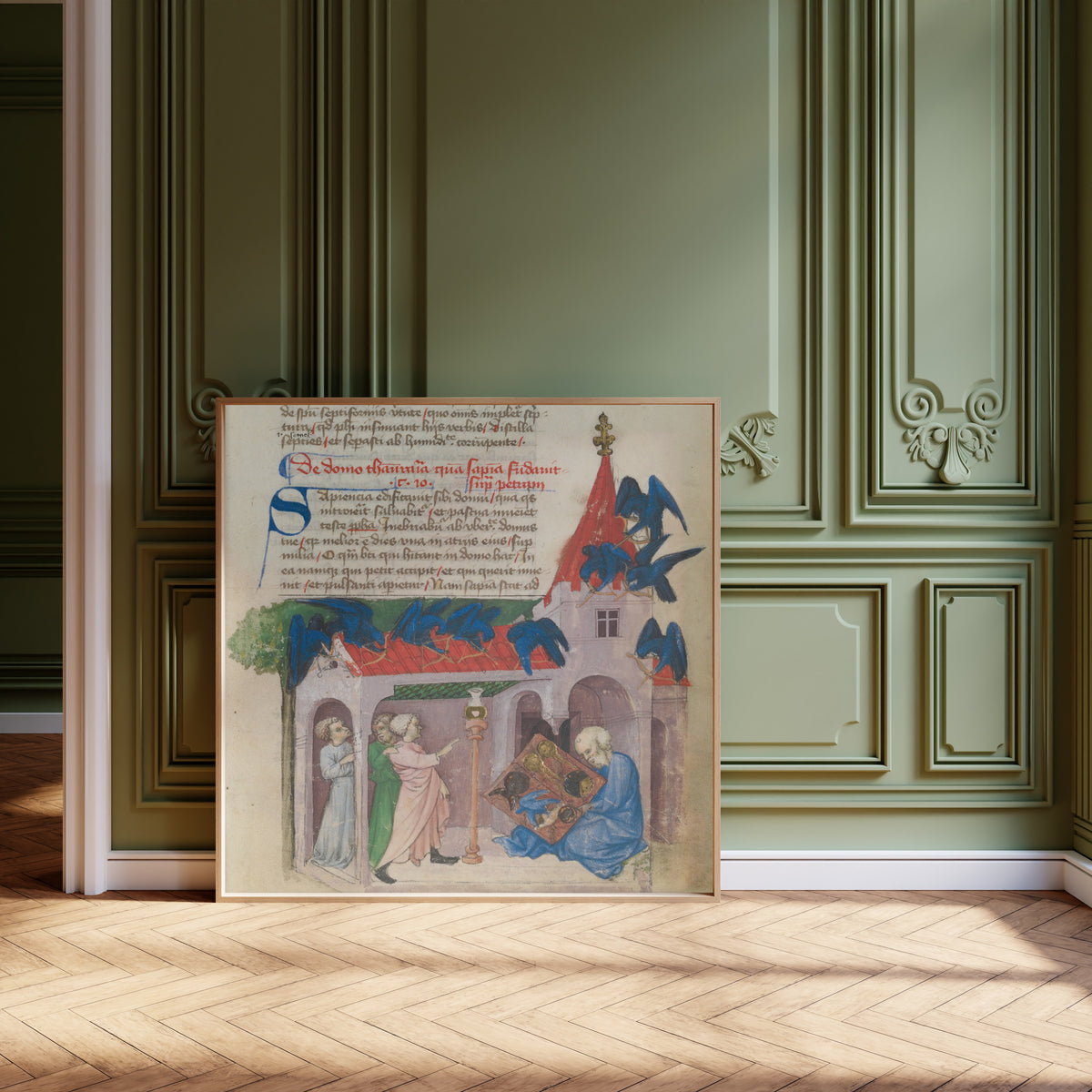 Framed art print of The Discovery of the Emerald Tablet (Aurora Consurgens, f.… by Unknown artist, leaning against olive-green panelling on a herringbone floor