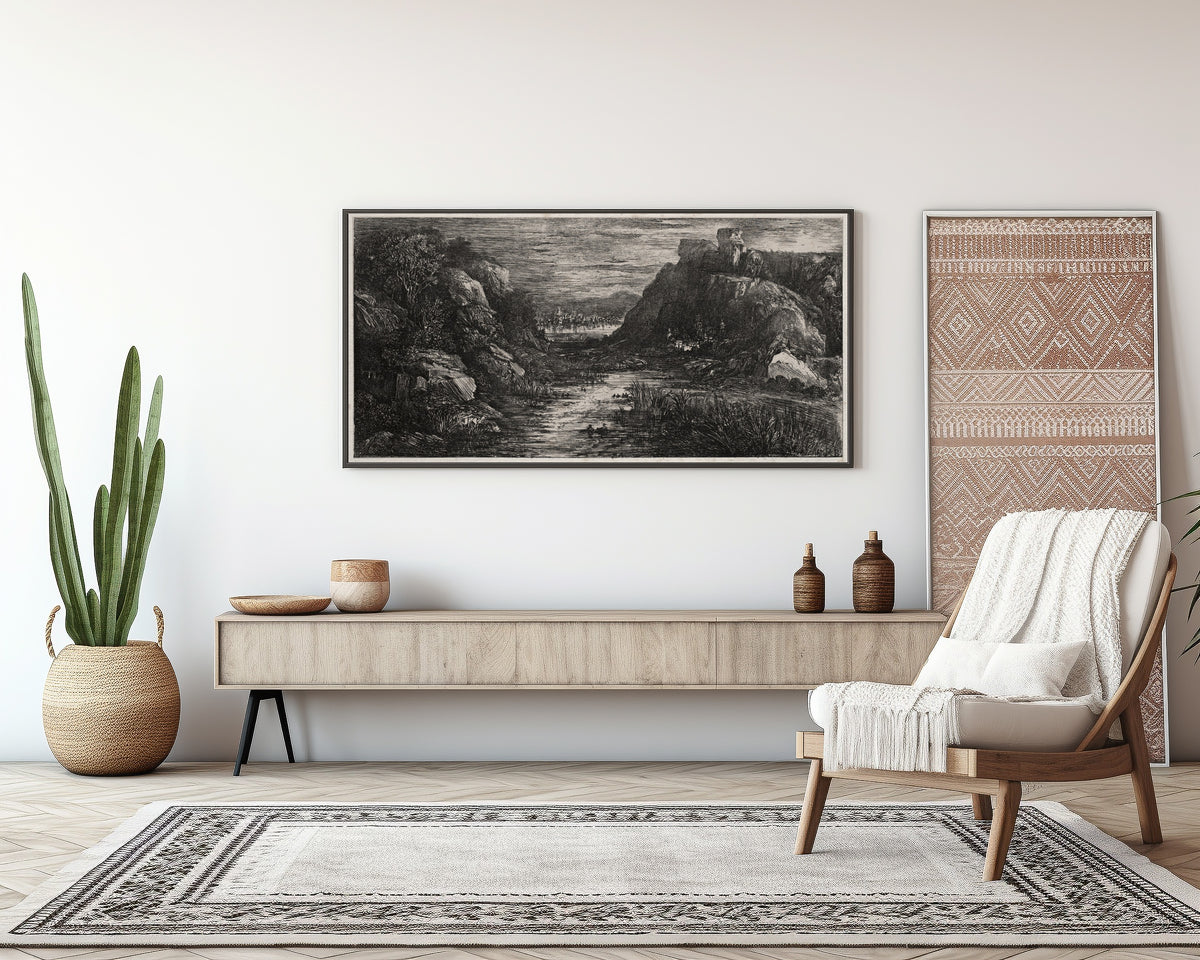 Framed art print of The Distant City by Rodolphe Bresdin, above a sideboard in a living room