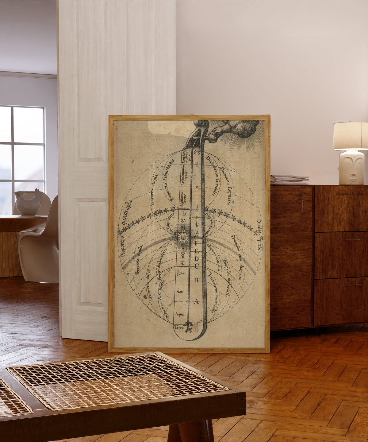Framed art print of The Divine Monochord on Toned Paper (Utriusque Cosmi… by Robert Fludd, in a light wood frame leaning in a warm room with a parquet floor