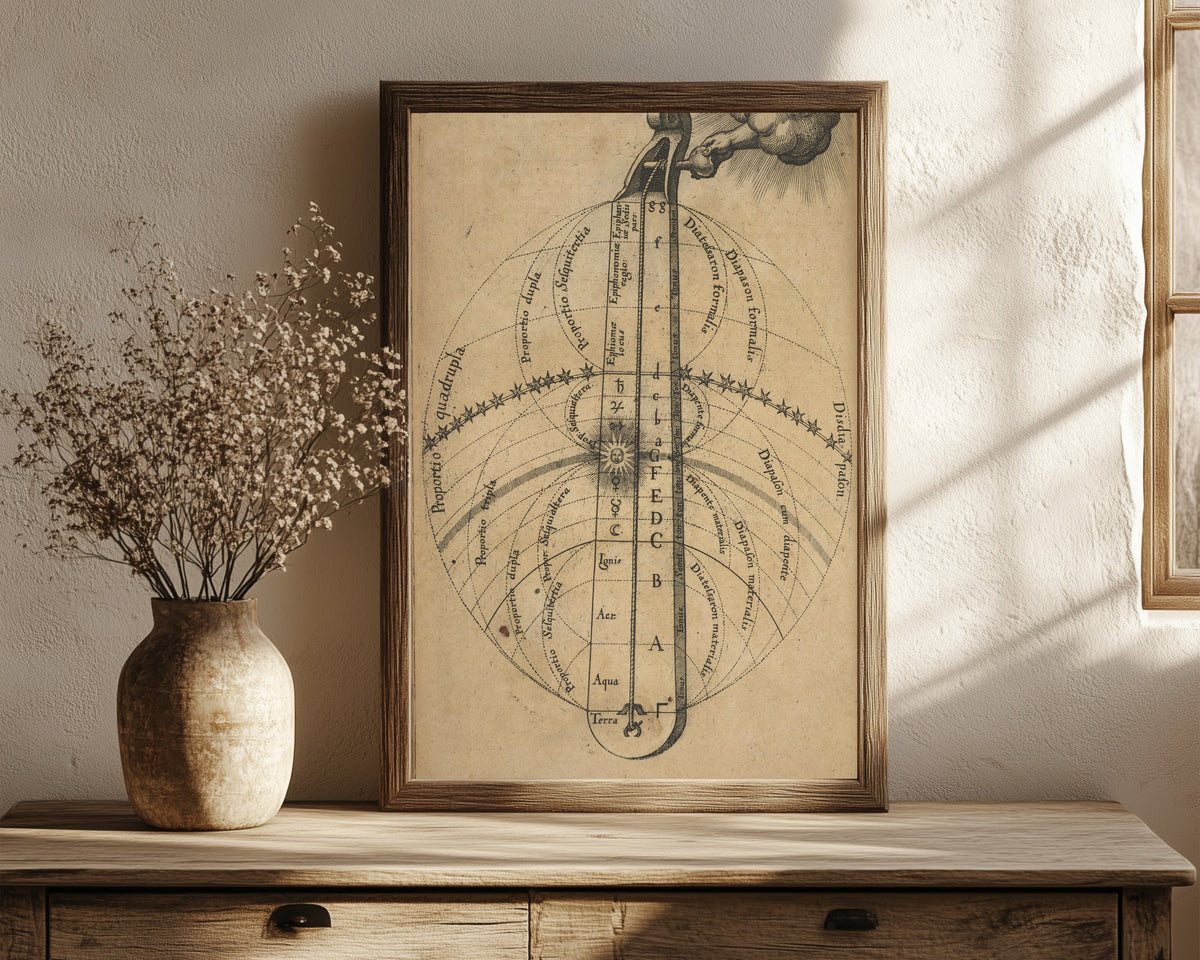 Framed art print of The Divine Monochord on Toned Paper (Utriusque… by Robert Fludd, in a dark wood frame leaning on a rustic console beside dried flowers