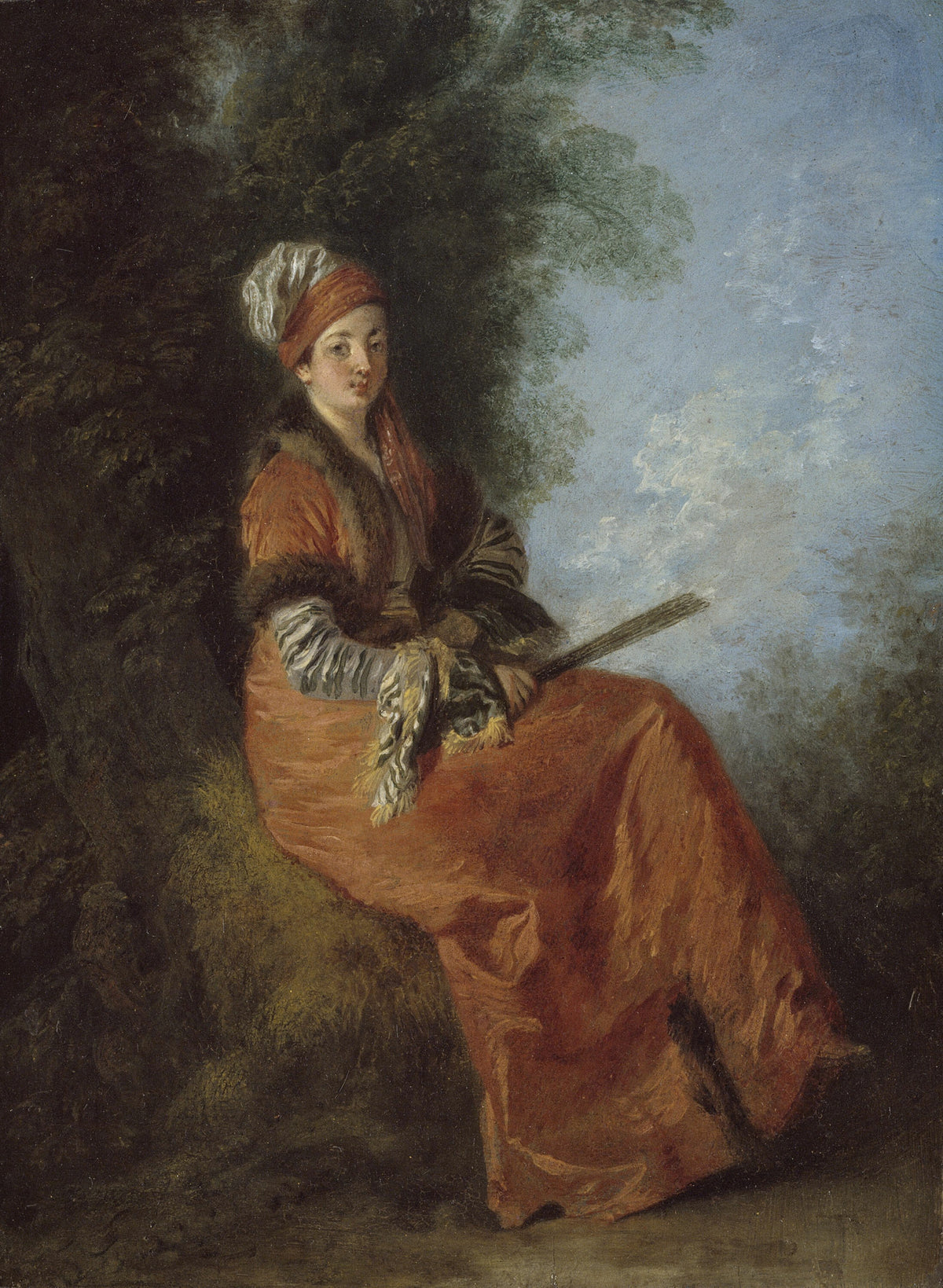 The Dreamer (La Rêveuse) by Jean-Antoine Watteau — A young woman in a rust gown and turban rests against a dark tree