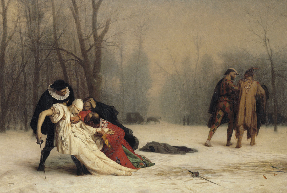 The Duel after the Masquerade by Jean-Léon Gérôme — A Pierrot falls in the snow after a duel in a misty winter wood