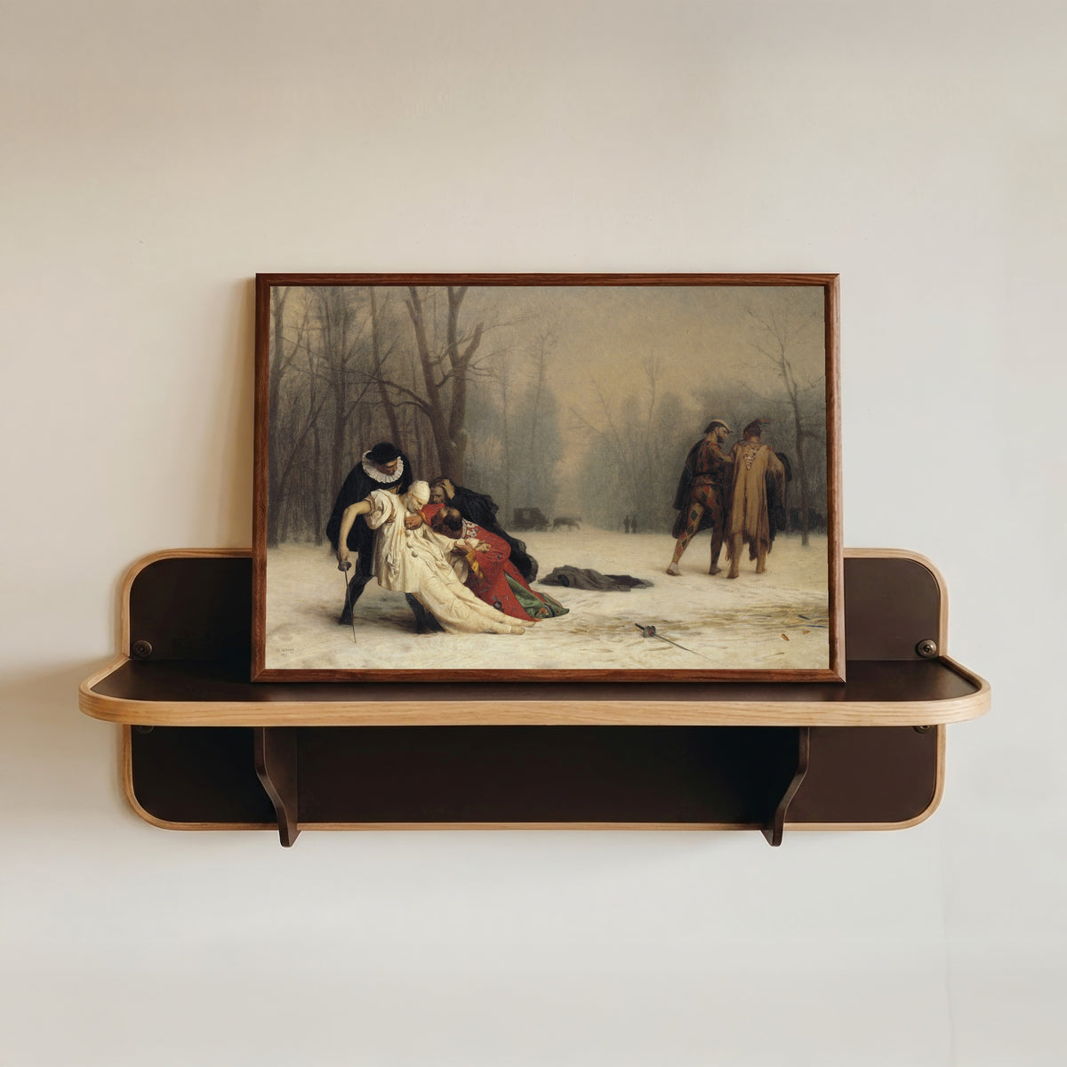 Framed art print of The Duel after the Masquerade by Jean-Léon Gérôme, in a dark wood frame resting on a wall shelf
