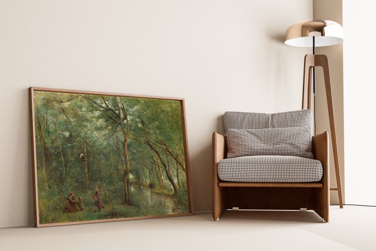 The Eel Gatherers by Jean-Baptiste-Camille Corot — framed and leaning against a wall beside an armchair and a floor lamp